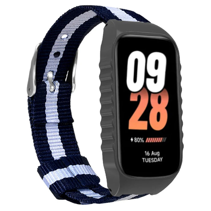For Xiaomi Smart Band 8 Active / Redmi Smart Band 2 Watch Strap Nylon Wrist Band with Case - Blue+White Stripes - 1