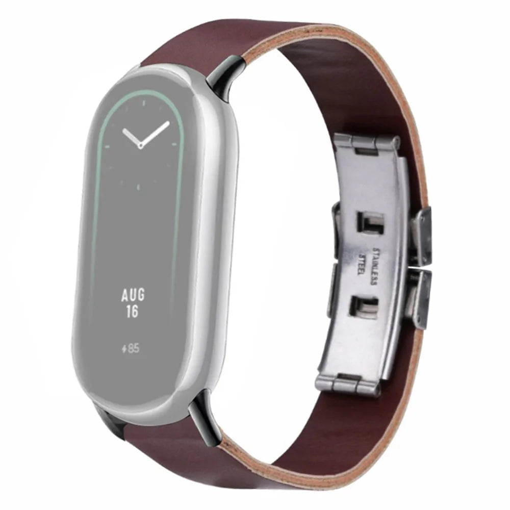 For Xiaomi Smart Band 9 NFC / Band 9 / Band 8 NFC / Band 8 Leather Watch Strap Butterfly Buckle Replacement Band - Brown - 1
