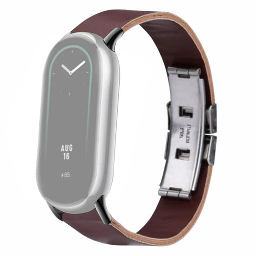 For Xiaomi Smart Band 9 NFC / Band 9 / Band 8 NFC / Band 8 Leather Watch Strap Butterfly Buckle Replacement Band - Brown - 1