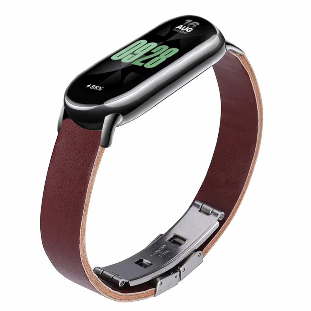 For Xiaomi Smart Band 9 NFC / Band 9 / Band 8 NFC / Band 8 Leather Watch Strap Butterfly Buckle Replacement Band - Brown - 4
