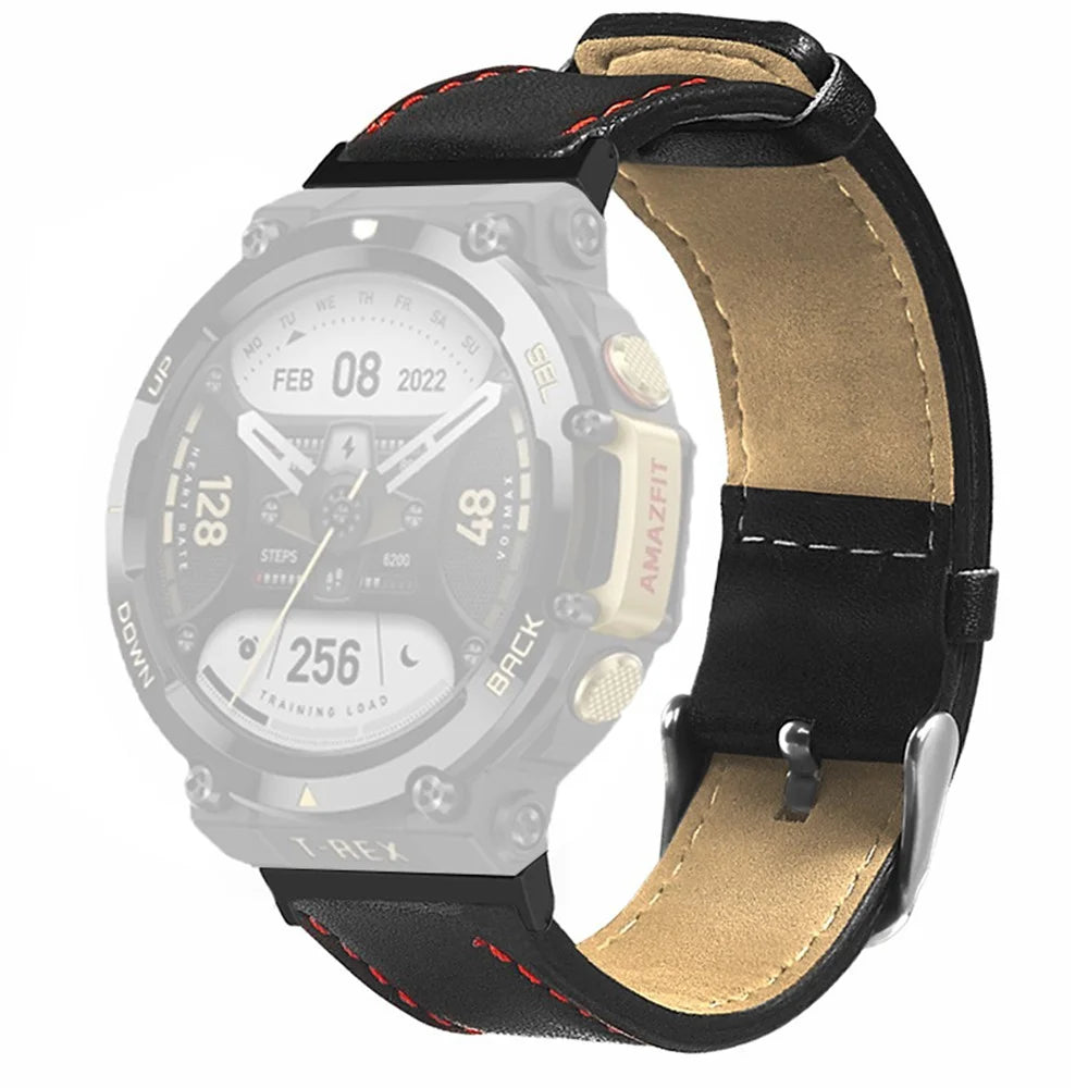 For Huami Amazfit T-Rex 2 Watch Strap Red Stitching Lines Genuine Cow Leather Band Replacement - 1