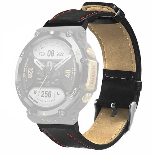 For Huami Amazfit T-Rex 2 Watch Strap Red Stitching Lines Genuine Cow Leather Band Replacement - 1