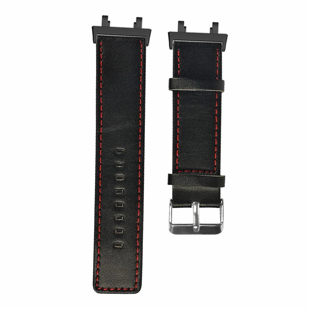 For Huami Amazfit T-Rex 2 Watch Strap Red Stitching Lines Genuine Cow Leather Band Replacement - 2