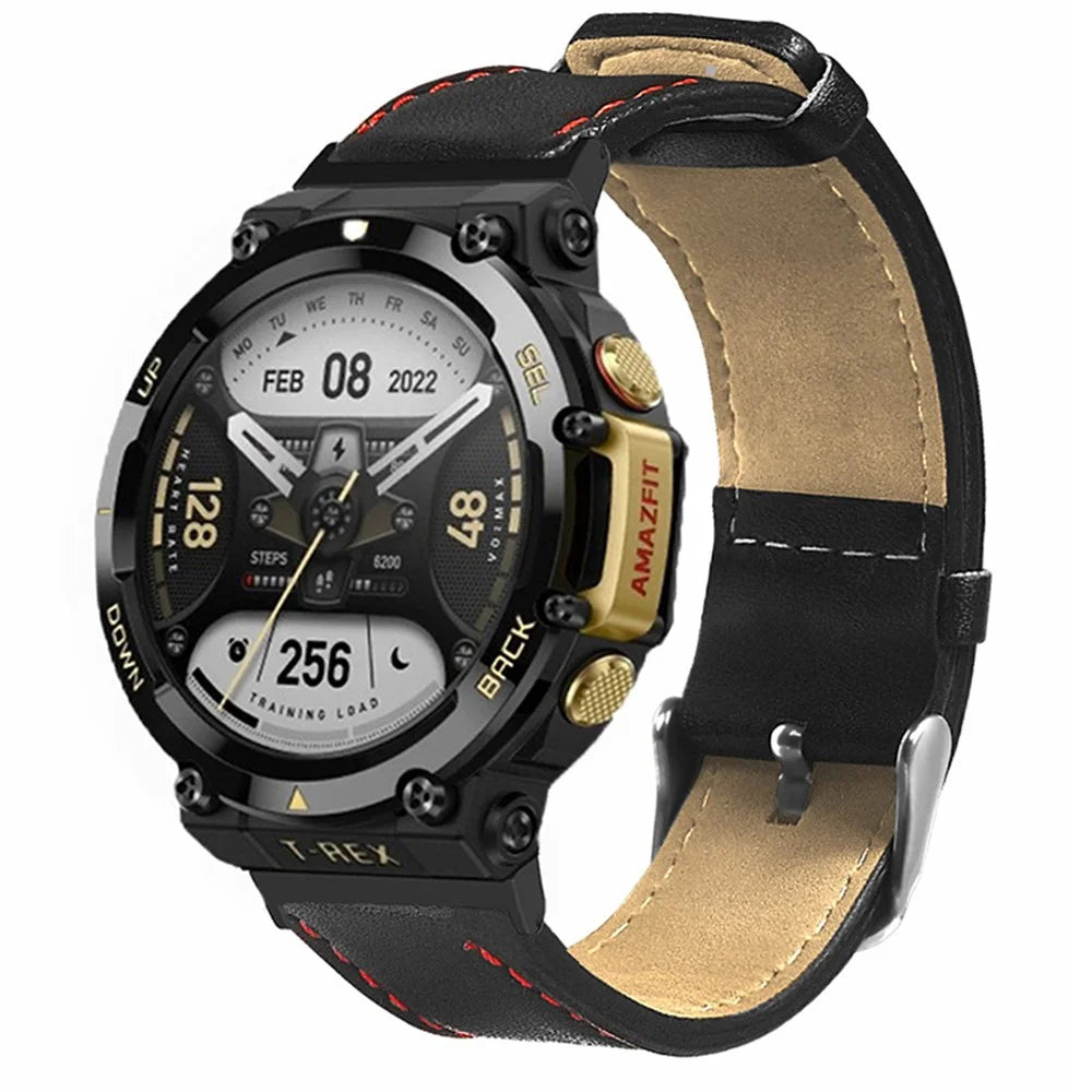 For Huami Amazfit T-Rex 2 Watch Strap Red Stitching Lines Genuine Cow Leather Band Replacement - 4
