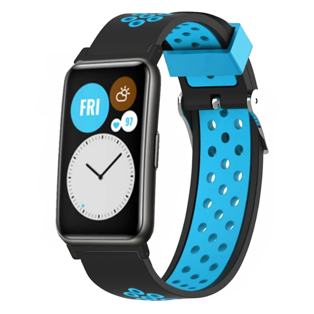 For Huawei Watch Fit / Watch Fit Special Edition Dual Color Silicone Watch Band with Breathable Holes - Black+Blue - 4