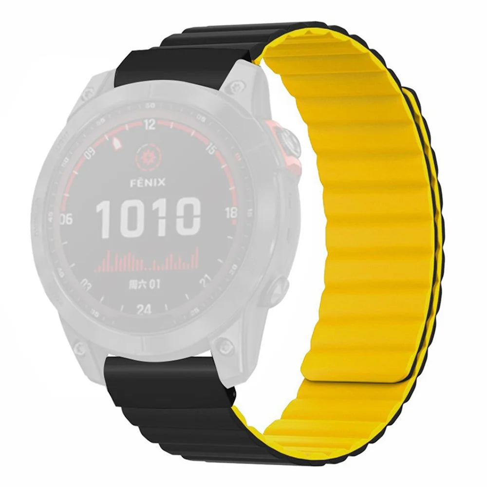 For Coros Vertix 2 / Garmin Fenix 7X / 6X / 5X Silicone Watch Band Magnetic Strap Replacement with 26mm PC Connector - Black+Yellow - 1