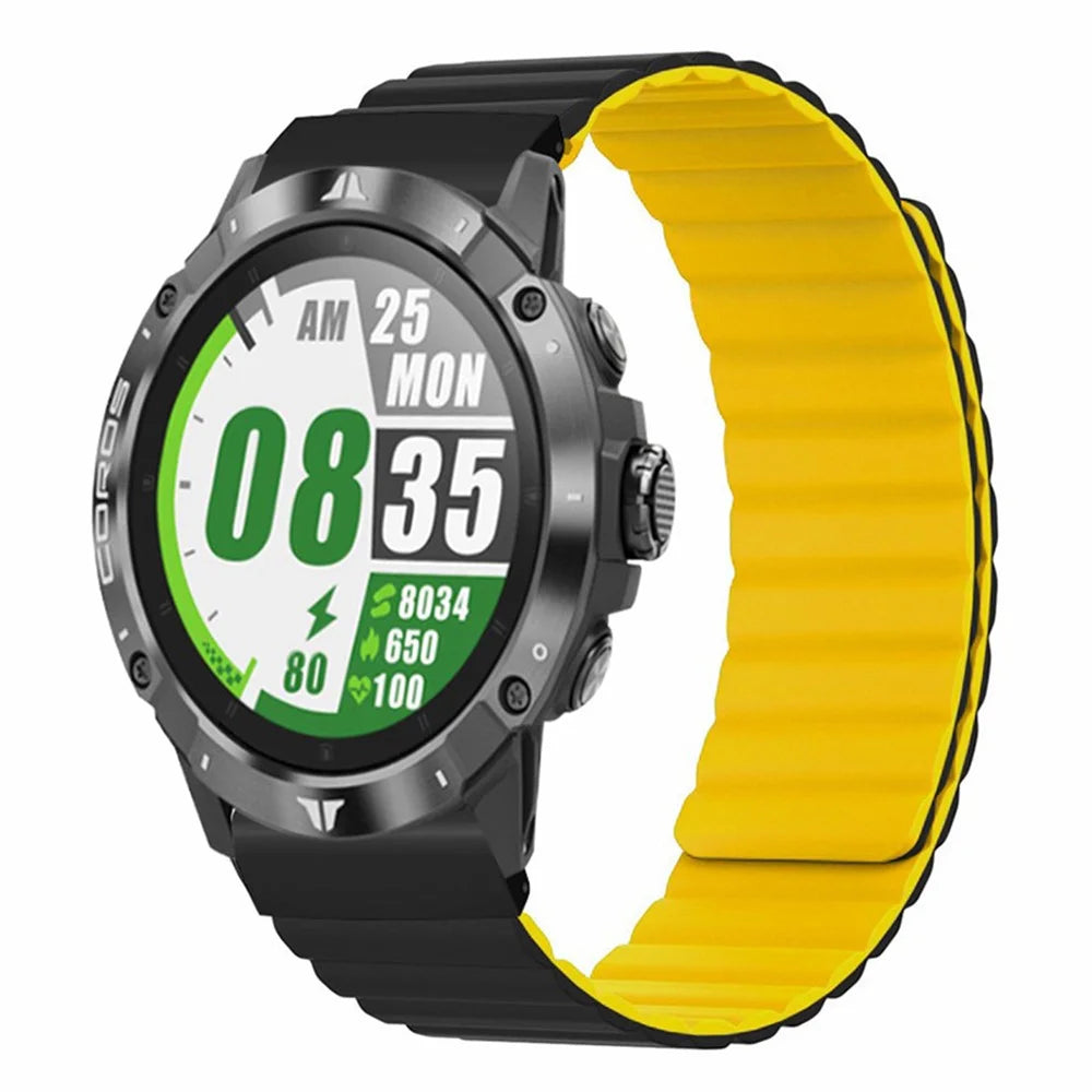 For Coros Vertix 2 / Garmin Fenix 7X / 6X / 5X Silicone Watch Band Magnetic Strap Replacement with 26mm PC Connector - Black+Yellow - 4