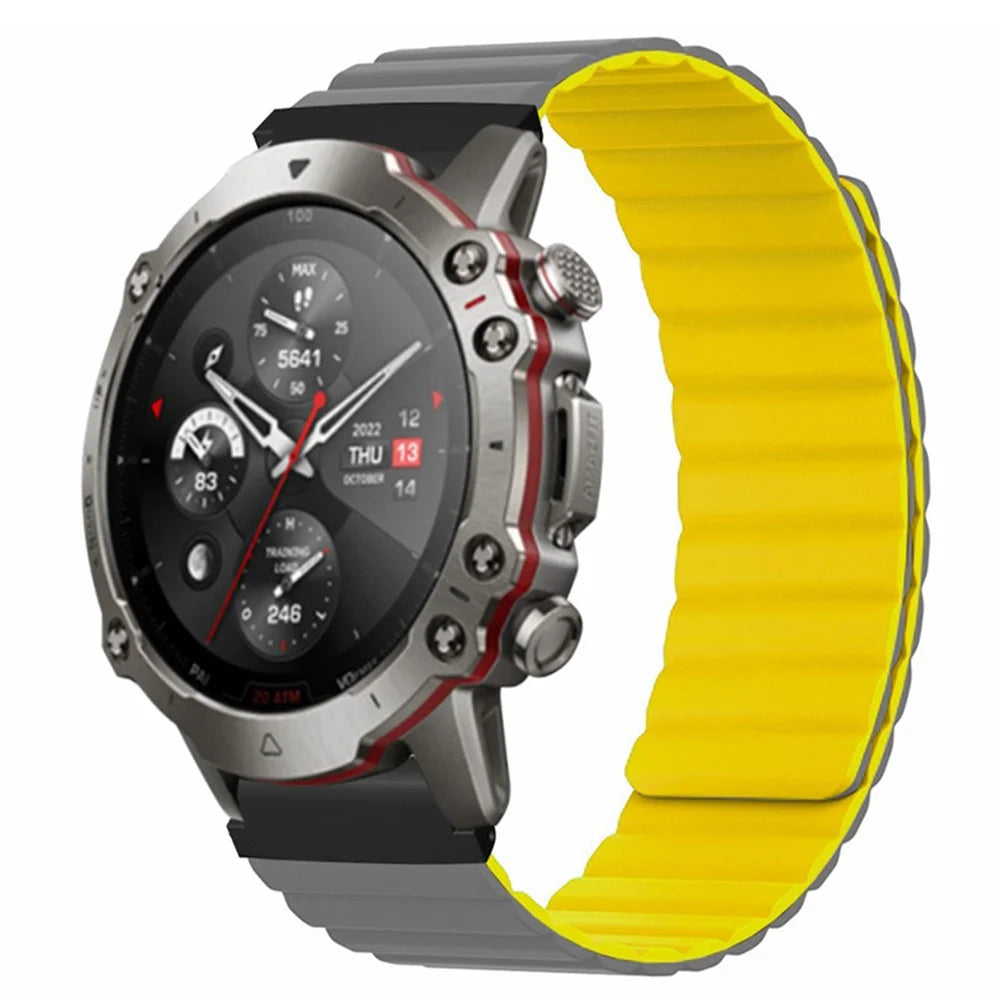 For Huami Amazfit Falcon / Garmin Fenix 7 / 6 / 5 Magnetic Watch Band Silicone Replacement Strap with 22mm PC Connector - Grey+Yellow - 4
