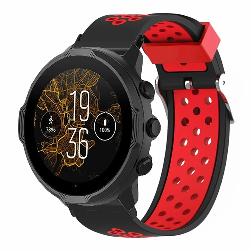 For Suunto Spartan Sport Wrist HR Baro / Suunto 7 Watch Band 24mm Silicone Strap Replacement with Breathable Holes - Black+Red - 4
