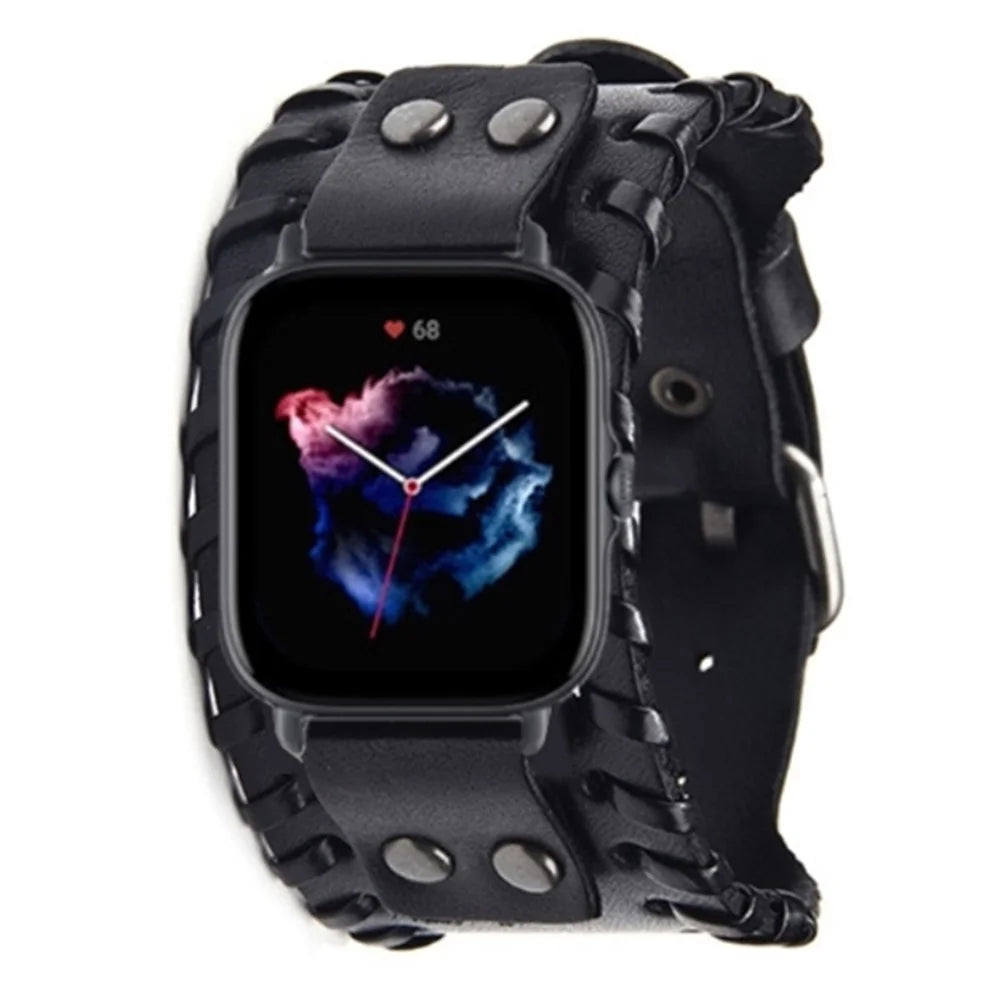For Huami Amazfit GTS 4 / 3 / 2 / 2 mini / Bip Watch Band Rivet Punk Style 20mm Cowhide Leather Bracelet Strap - Black - 1