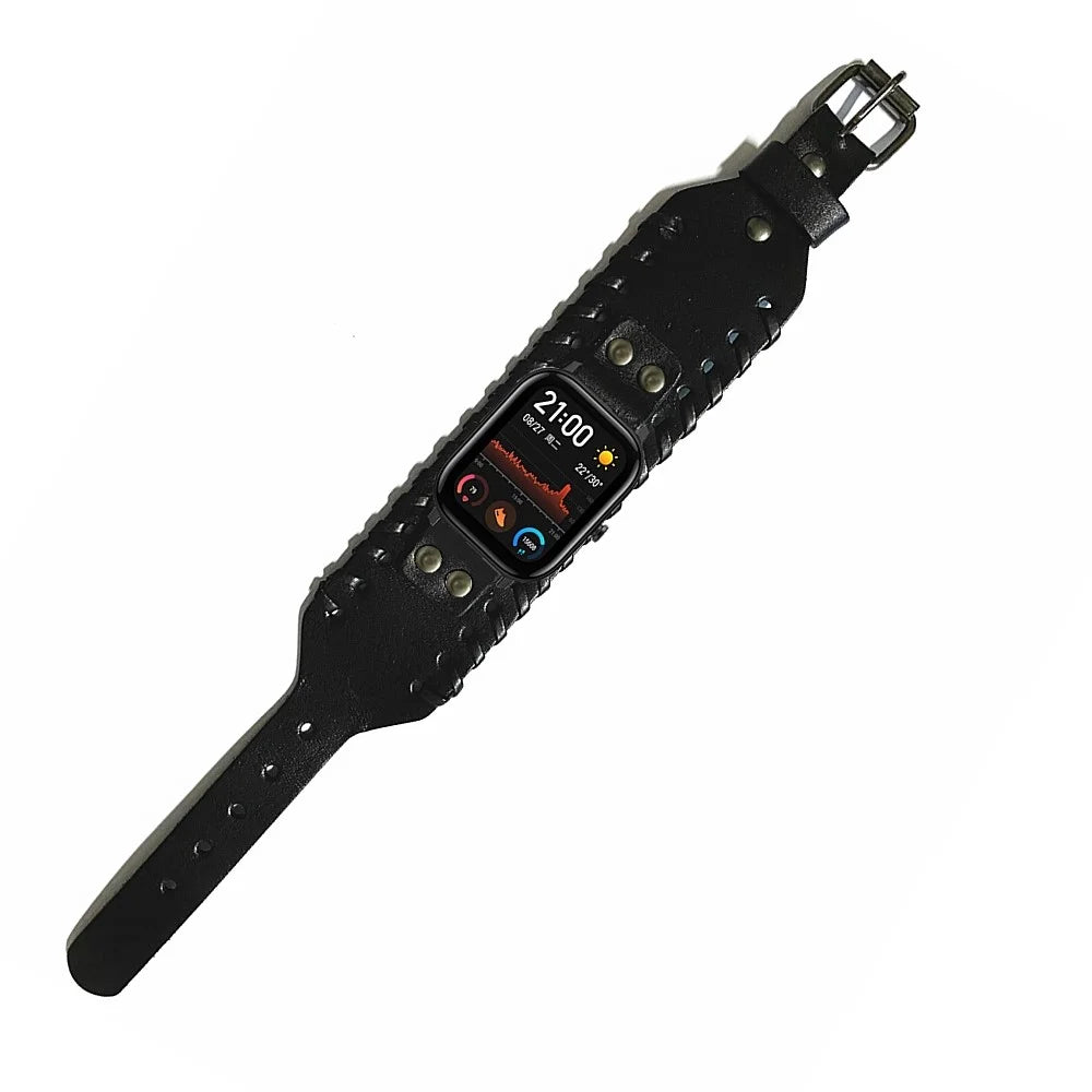 For Huami Amazfit GTS 4 / 3 / 2 / 2 mini / Bip Watch Band Rivet Punk Style 20mm Cowhide Leather Bracelet Strap - Black - 3
