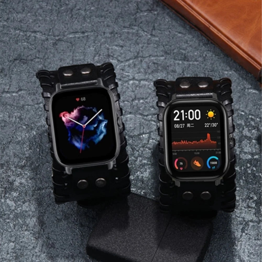 For Huami Amazfit GTS 4 / 3 / 2 / 2 mini / Bip Watch Band Rivet Punk Style 20mm Cowhide Leather Bracelet Strap - Black - 7