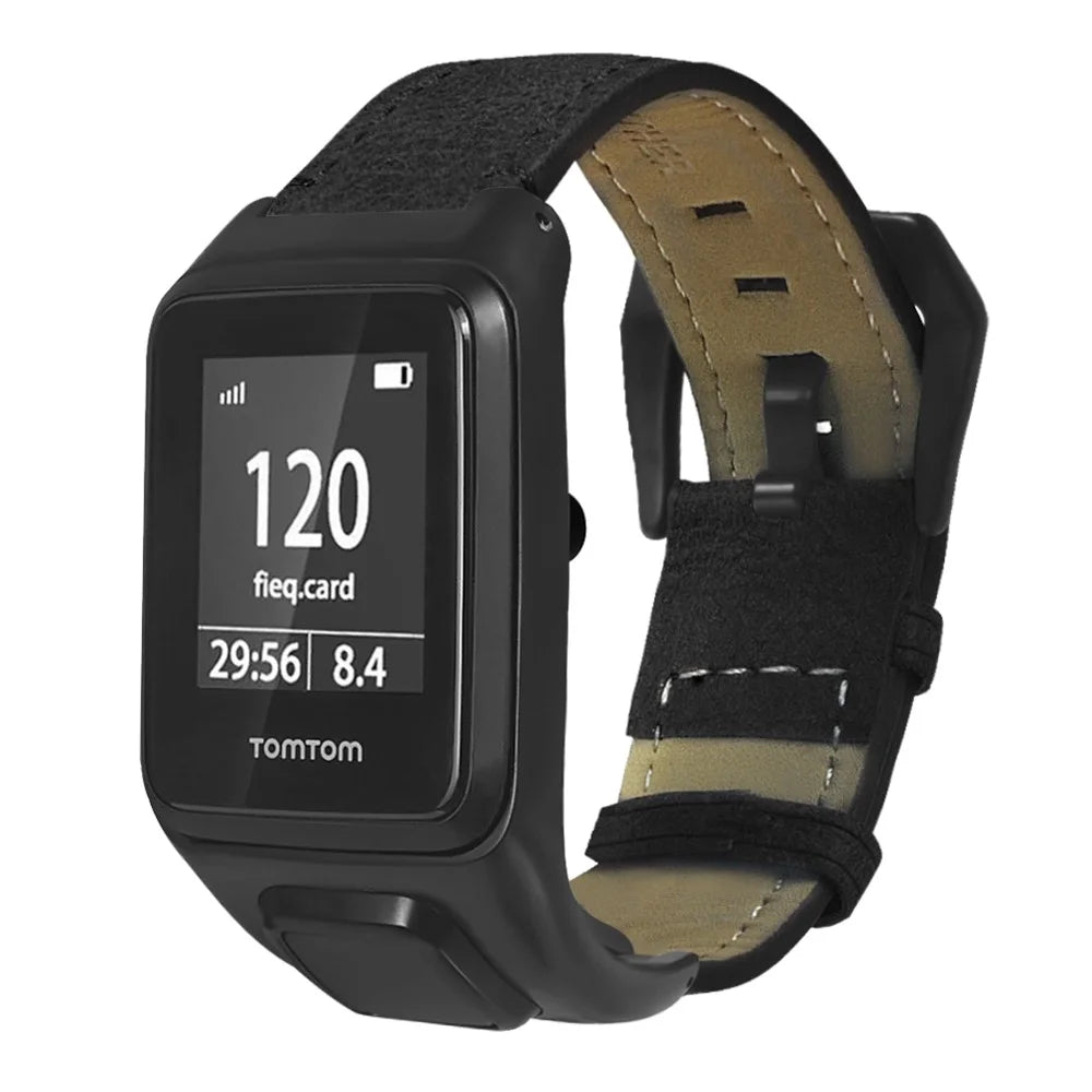 For TomTom Runner 3 / Adventurer Genuine Cow Leather Band Electroplating Buckle  Watch Strap with Case - Black - 1