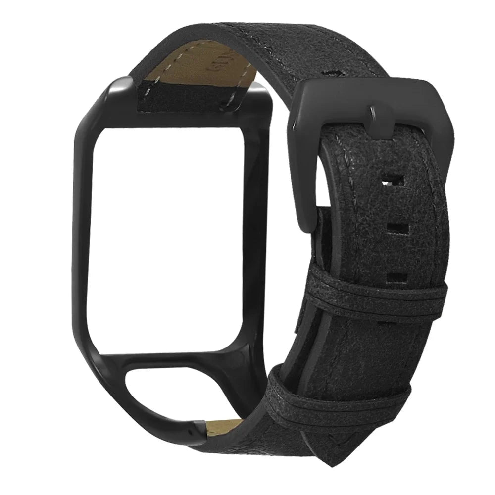 For TomTom Runner 3 / Adventurer Genuine Cow Leather Band Electroplating Buckle  Watch Strap with Case - Black - 2