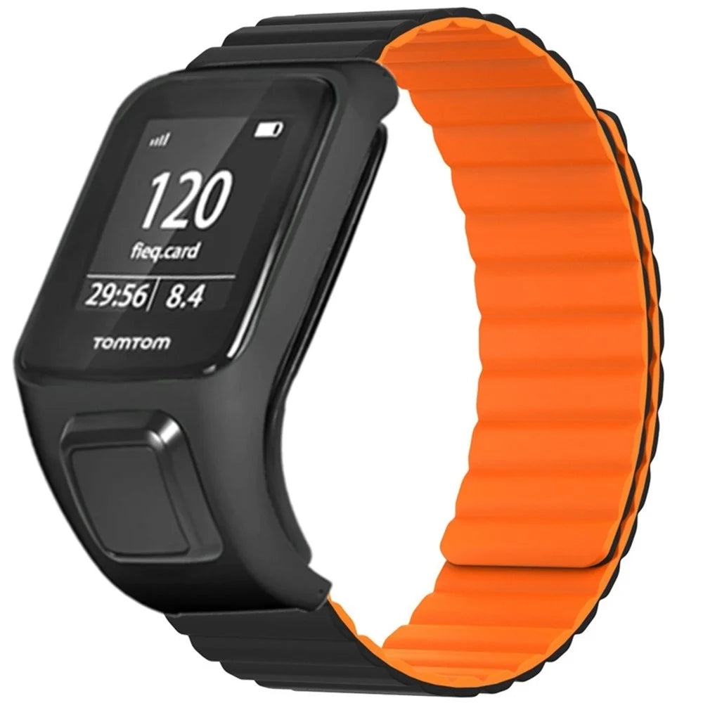 For TomTom Runner 2 / 3 / Spark / Adventurer Watch Band Silicone Magnetic Strap with Case - Black+Orange - 1