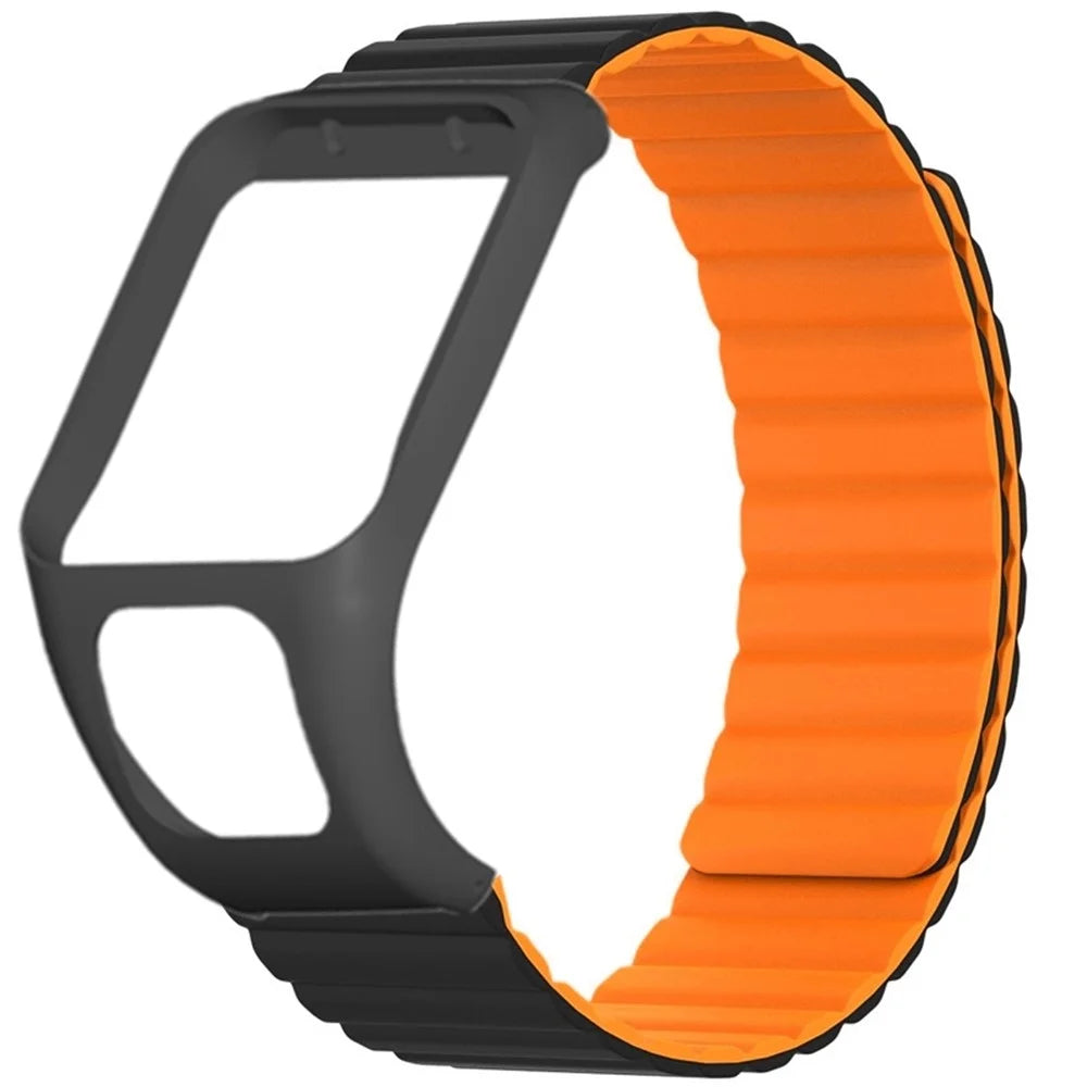 For TomTom Runner 2 / 3 / Spark / Adventurer Watch Band Silicone Magnetic Strap with Case - Black+Orange - 2