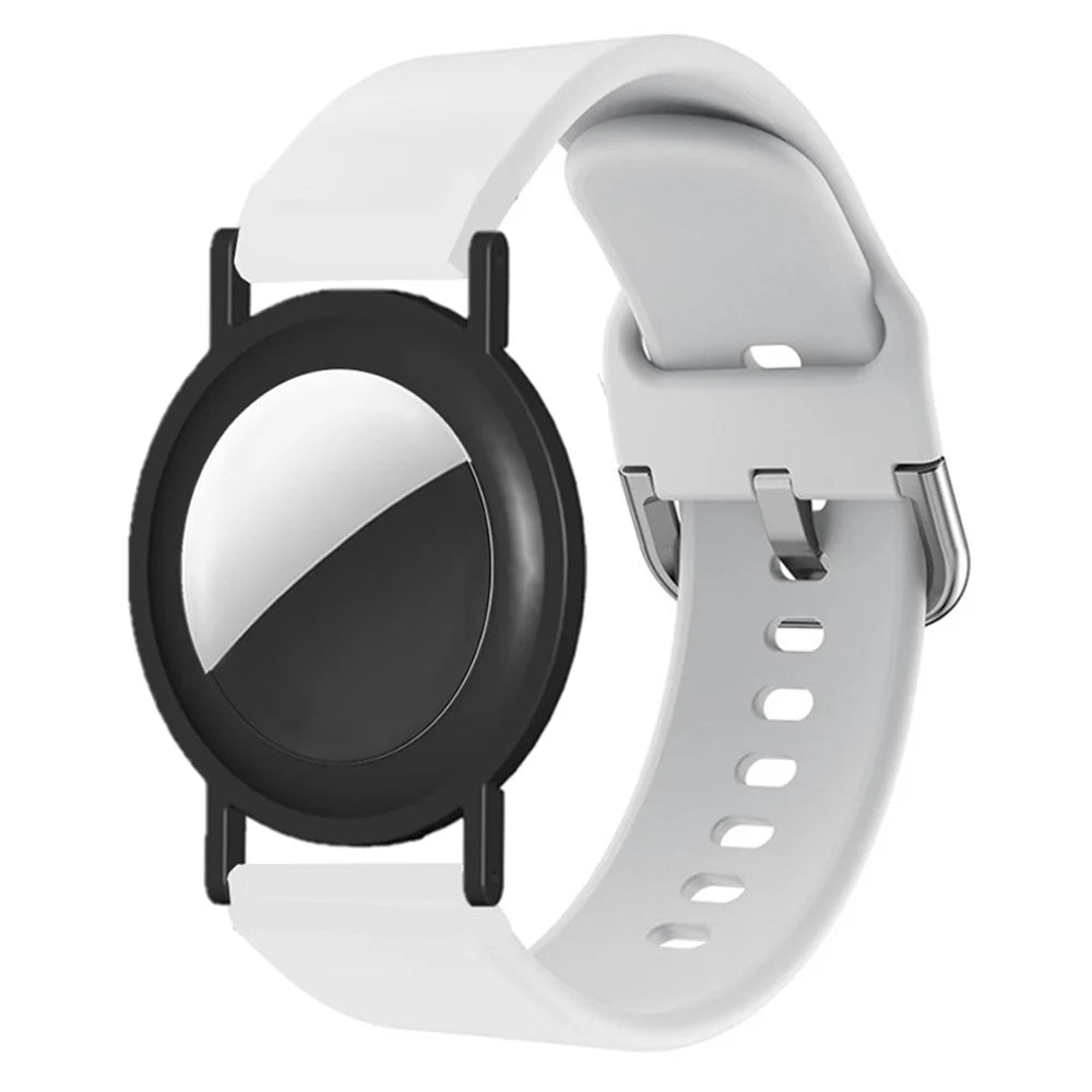 Silicone Watch Band for Apple AirTag Tracker Adjustable Strap with PC Frame Holder - White - 2