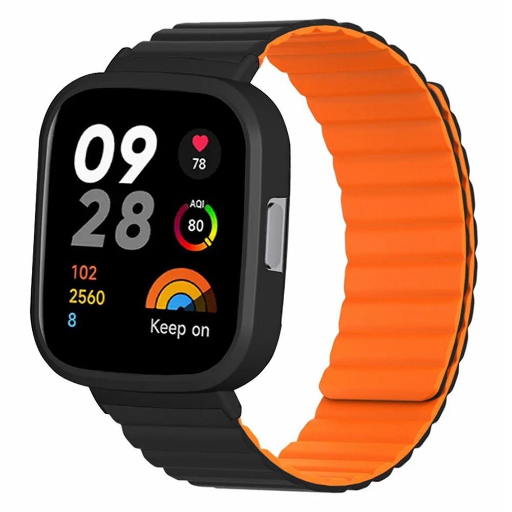 For Xiaomi Redmi Watch 3 Silicone Watch Band Magnetic Strap with PC Watch Case - Black+Orange - 1