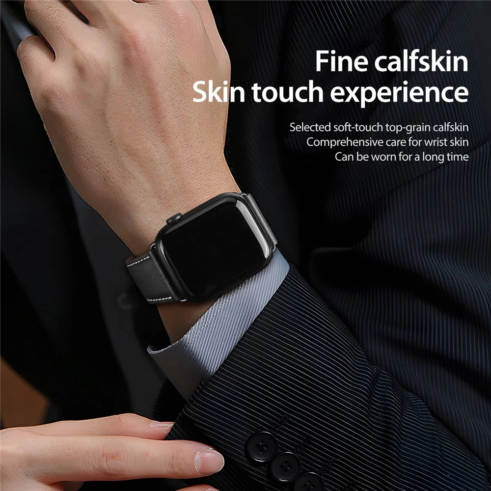 DUX DUCIS YA Series Strap for Apple Watch Series 11 10 42mm / 9 8 7 41mm / SE3 SE2 SE 6 5 4 40mm / 3 2 1 38mm Genuine Cow Leather Watch Band - Black - 4