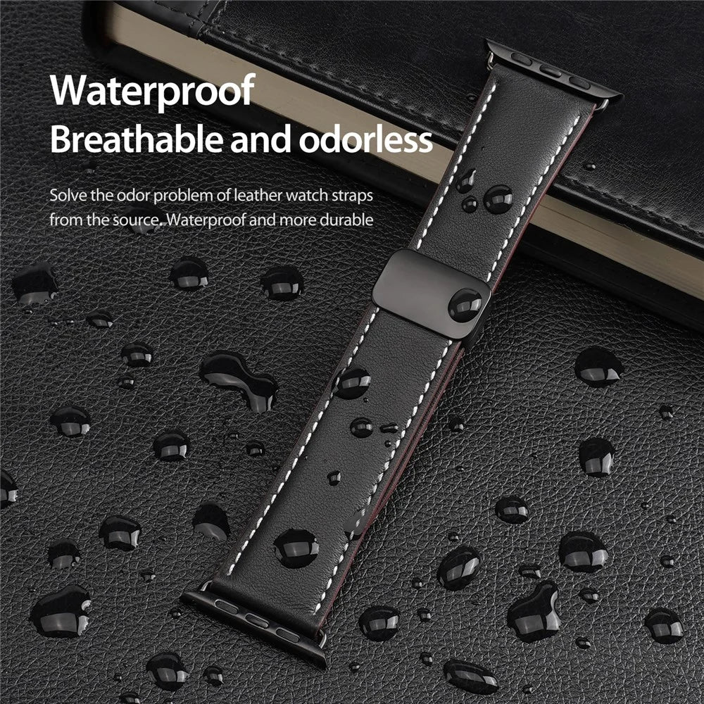 DUX DUCIS YA Series Strap for Apple Watch Series 11 10 42mm / 9 8 7 41mm / SE3 SE2 SE 6 5 4 40mm / 3 2 1 38mm Genuine Cow Leather Watch Band - Black - 6