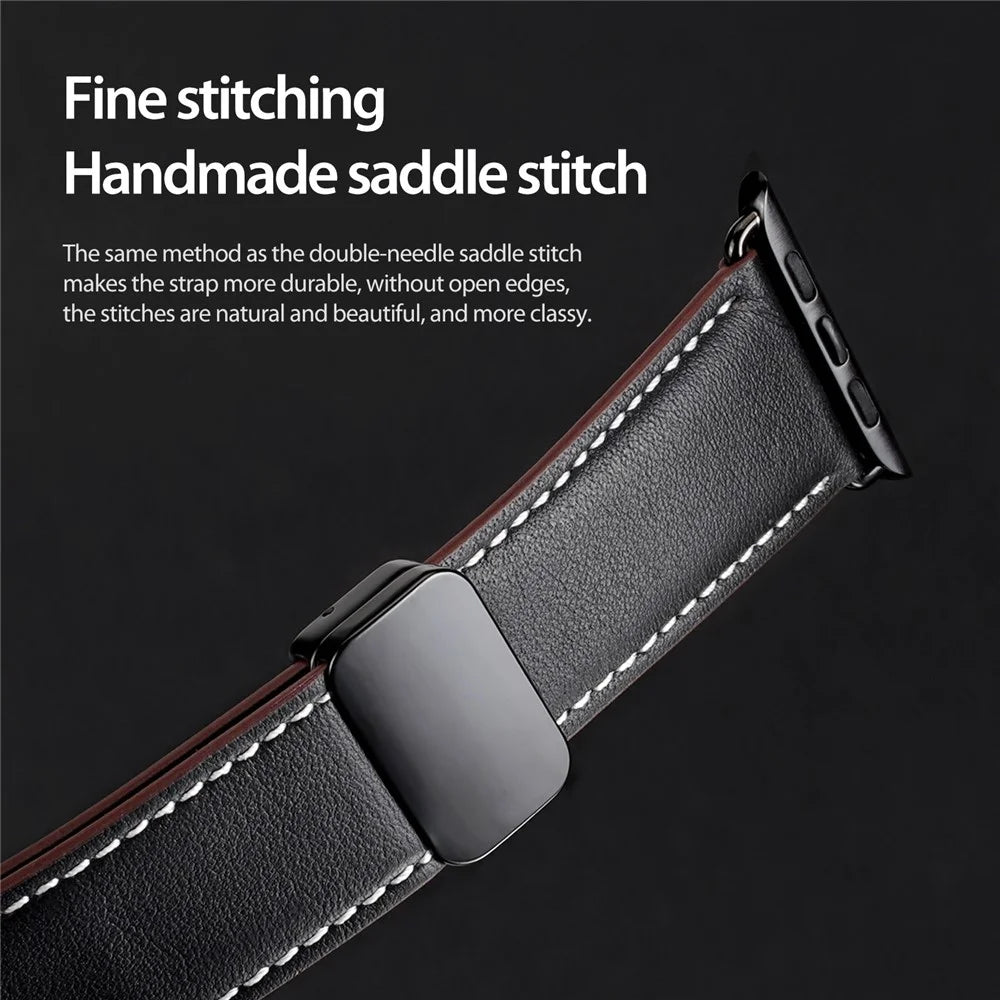 DUX DUCIS YA Series Strap for Apple Watch Series 11 10 42mm / 9 8 7 41mm / SE3 SE2 SE 6 5 4 40mm / 3 2 1 38mm Genuine Cow Leather Watch Band - Black - 7