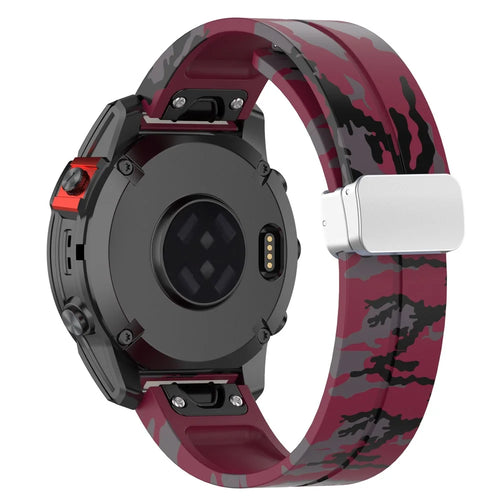 For Garmin Tactix 7 Pro / Fenix 7X / 6X / 6X Pro / 5X Plus Silicone Watch Band 26mm Silver Buckle Wrist Strap - Camo Wine Red - 1