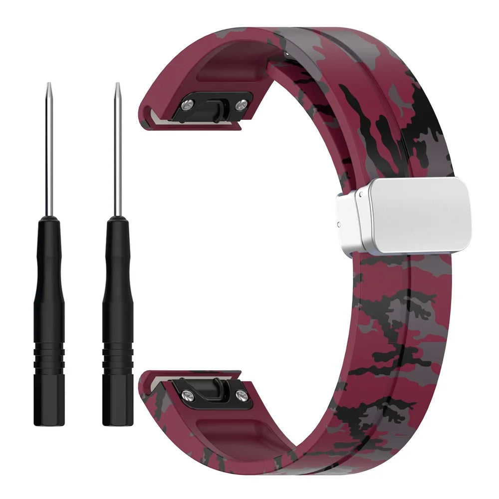 For Garmin Tactix 7 Pro / Fenix 7X / 6X / 6X Pro / 5X Plus Silicone Watch Band 26mm Silver Buckle Wrist Strap - Camo Wine Red - 2