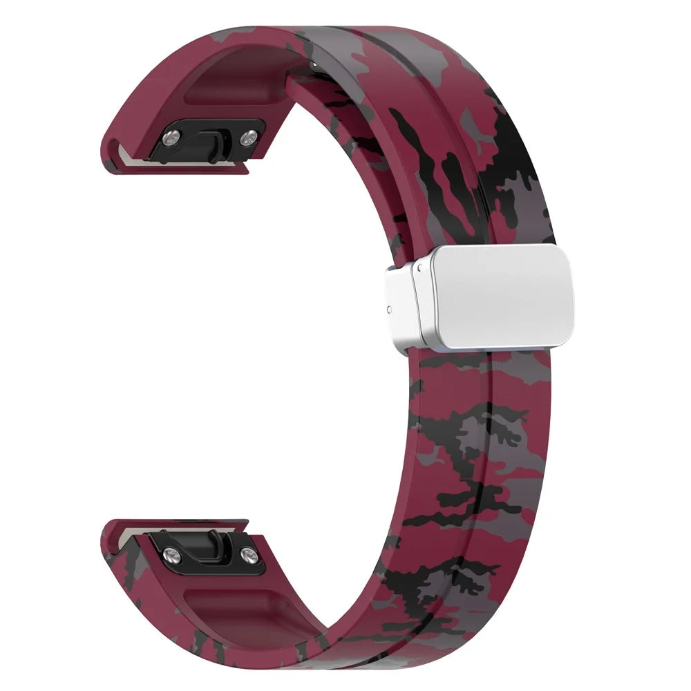 For Garmin Tactix 7 Pro / Fenix 7X / 6X / 6X Pro / 5X Plus Silicone Watch Band 26mm Silver Buckle Wrist Strap - Camo Wine Red - 5