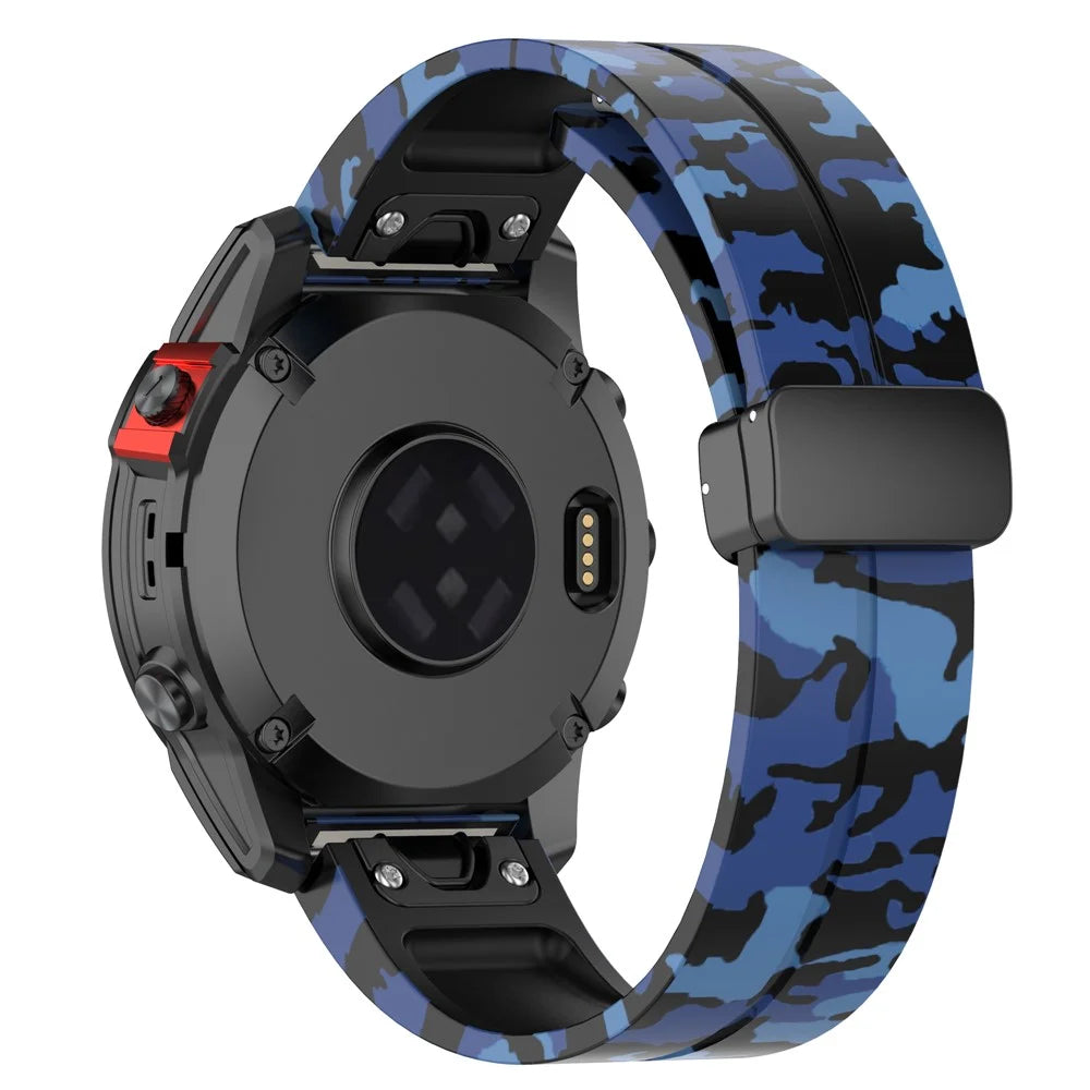 For Garmin Tactix 7 Pro / Fenix 7X / 6X / 6X Pro / 5X Plus Black Buckle Watch Band 26mm Silicone Strap - Camo Blue - 1