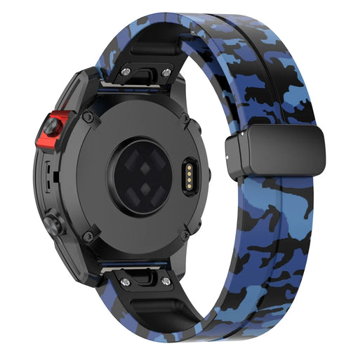 For Garmin Tactix 7 Pro / Fenix 7X / 6X / 6X Pro / 5X Plus Black Buckle Watch Band 26mm Silicone Strap - Camo Blue - 1