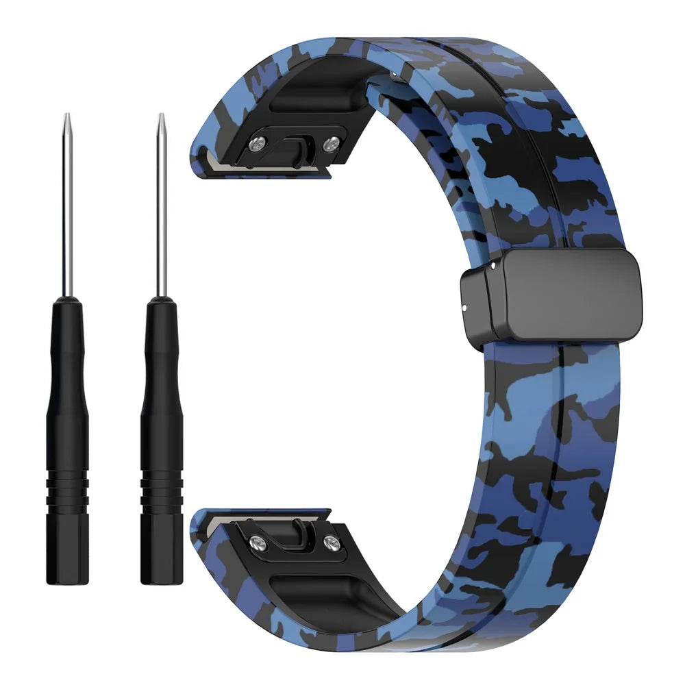 For Garmin Tactix 7 Pro / Fenix 7X / 6X / 6X Pro / 5X Plus Black Buckle Watch Band 26mm Silicone Strap - Camo Blue - 2