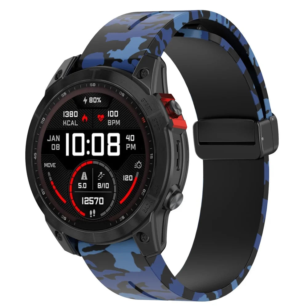 For Garmin Tactix 7 Pro / Fenix 7X / 6X / 6X Pro / 5X Plus Black Buckle Watch Band 26mm Silicone Strap - Camo Blue - 3