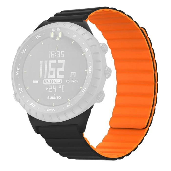 For Suunto Core Magnetic Watch Band 22mm Skin-Friendly Silicone Strap - Black+Orange - 1