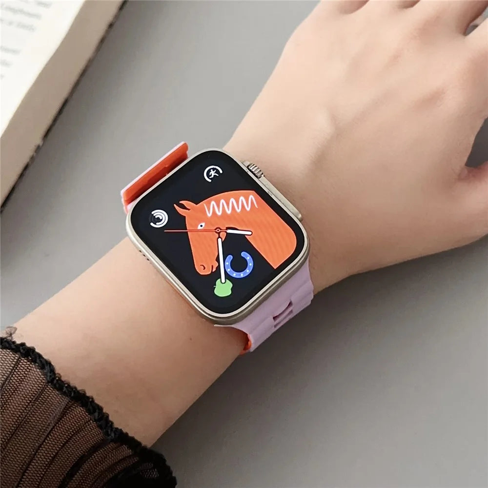 For Apple Watch Ultra 3 2 1 49mm / Series 11 10 46mm / 9 8 7 45mm / SE3 SE2 SE 6 5 4 44mm / 3 2 1 42mm Bands Magnetic Watch Strap - Purple+Orange - 4