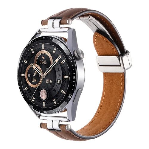 22mm Watch Strap for Samsung Galaxy Watch3 45mm / Garmin Venu 3 Stainless Steel Folding Buckle Leather Band - Brown / Silver Buckle - 1
