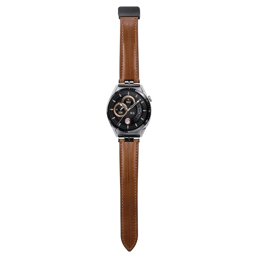 22mm Watch Strap for Samsung Galaxy Watch3 45mm / Garmin Venu 3 Stainless Steel Folding Buckle Leather Band - Brown / Silver Buckle - 2