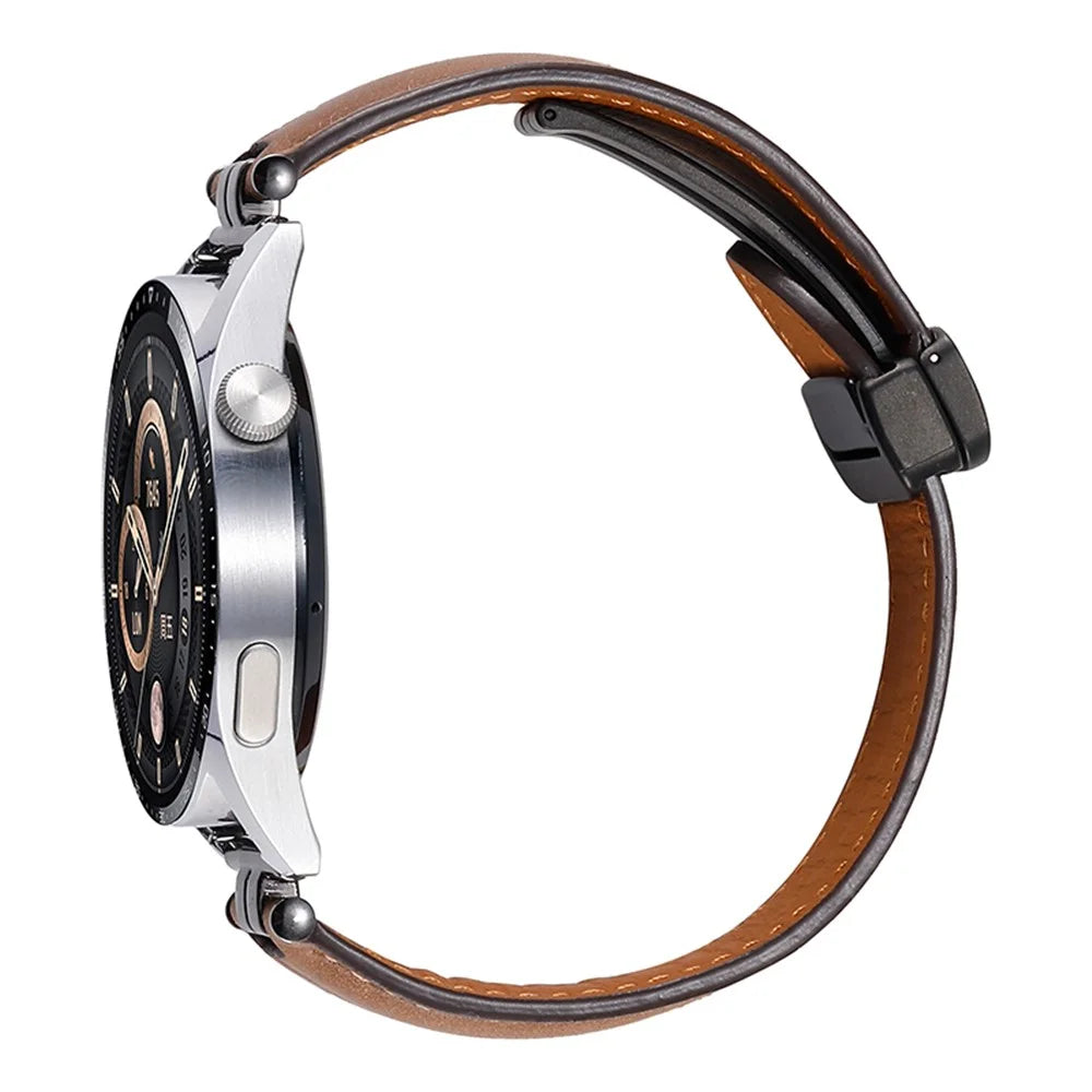 22mm Watch Strap for Samsung Galaxy Watch3 45mm / Garmin Venu 3 Stainless Steel Folding Buckle Leather Band - Brown / Silver Buckle - 3