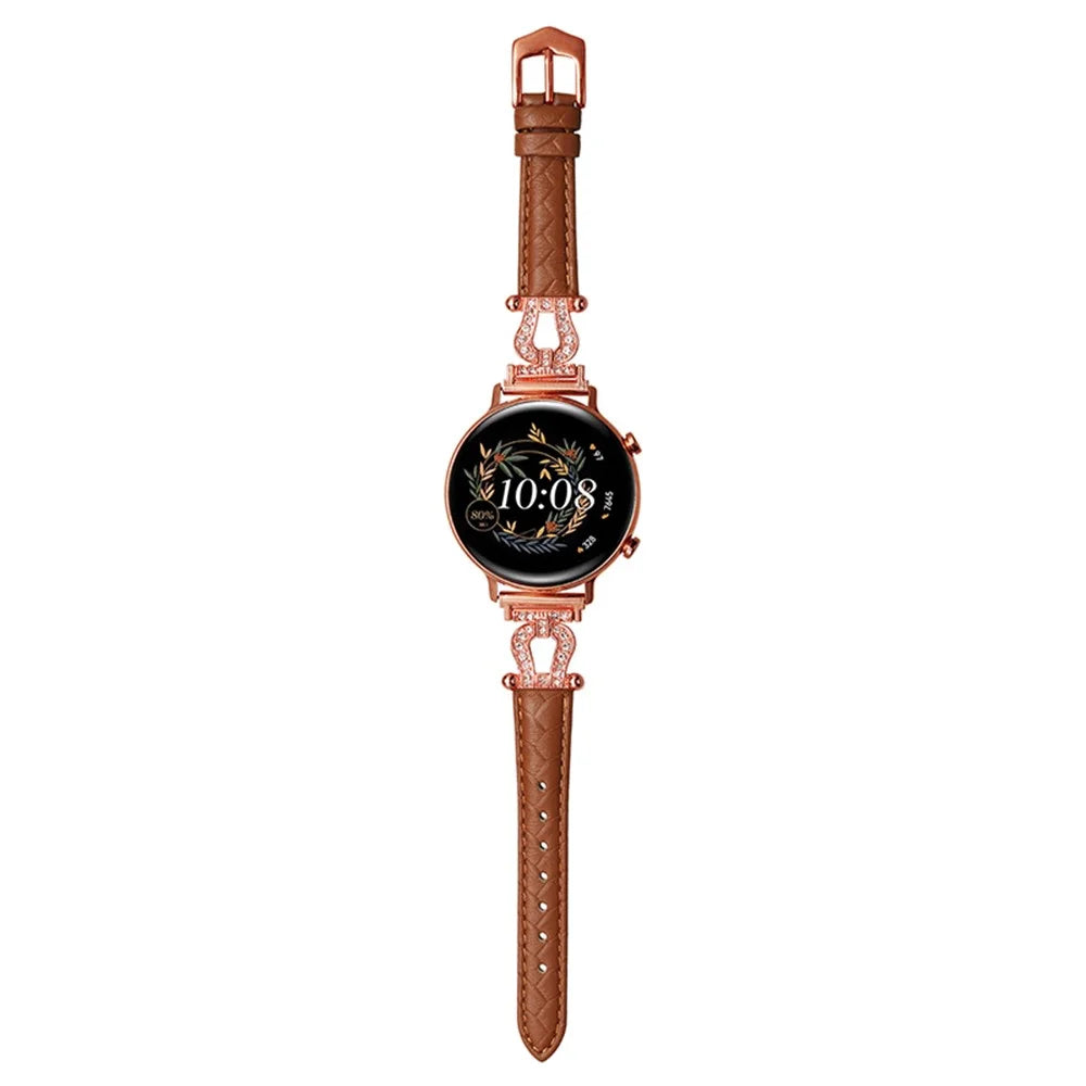 For Samsung Galaxy Watch6 Classic 47mm 43mm / GarminActive 5 Watch Strap 20mm U-shape Cowhide Leather Band - Light Brown / Rose Gold Buckle - 2