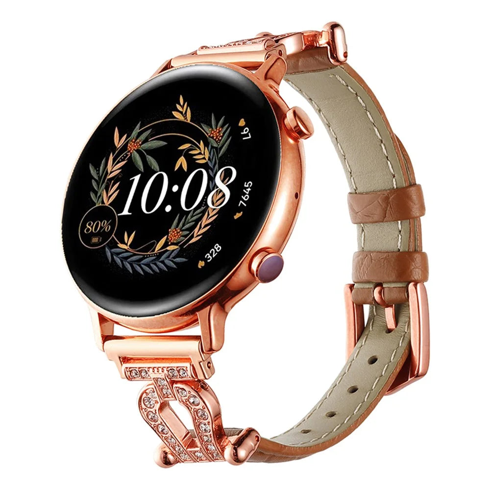 For Samsung Galaxy Watch6 Classic 47mm 43mm / GarminActive 5 Watch Strap 20mm U-shape Cowhide Leather Band - Light Brown / Rose Gold Buckle - 4