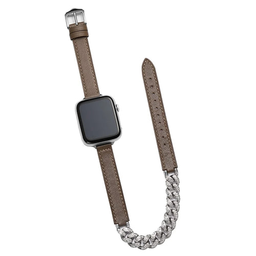 For Apple Watch Ultra 3 2 1 49mm / Series 11 10 46mm / 9 8 7 45mm / SE3 SE2 SE 6 5 4 44mm / 3 2 1 42mm Watch Band Chain Leather Strap - Sandalwood - 1