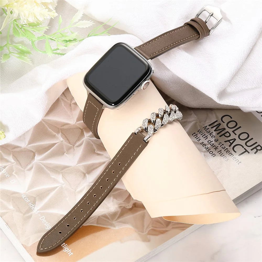 For Apple Watch Ultra 3 2 1 49mm / Series 11 10 46mm / 9 8 7 45mm / SE3 SE2 SE 6 5 4 44mm / 3 2 1 42mm Watch Band Chain Leather Strap - Sandalwood - 2