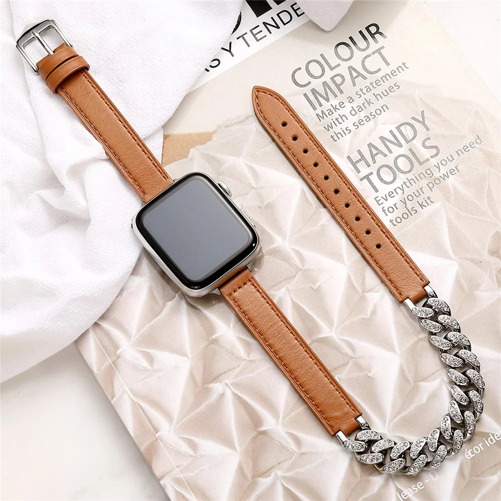 For Apple Watch Ultra 3 2 1 49mm / Series 11 10 46mm / 9 8 7 45mm / SE3 SE2 SE 6 5 4 44mm / 3 2 1 42mm Watch Band Chain Leather Strap - Sandalwood - 3