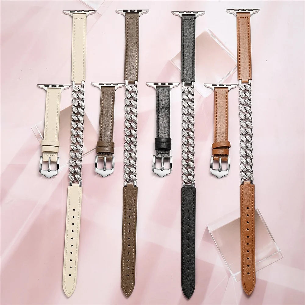 For Apple Watch Ultra 3 2 1 49mm / Series 11 10 46mm / 9 8 7 45mm / SE3 SE2 SE 6 5 4 44mm / 3 2 1 42mm Watch Band Chain Leather Strap - Sandalwood - 4