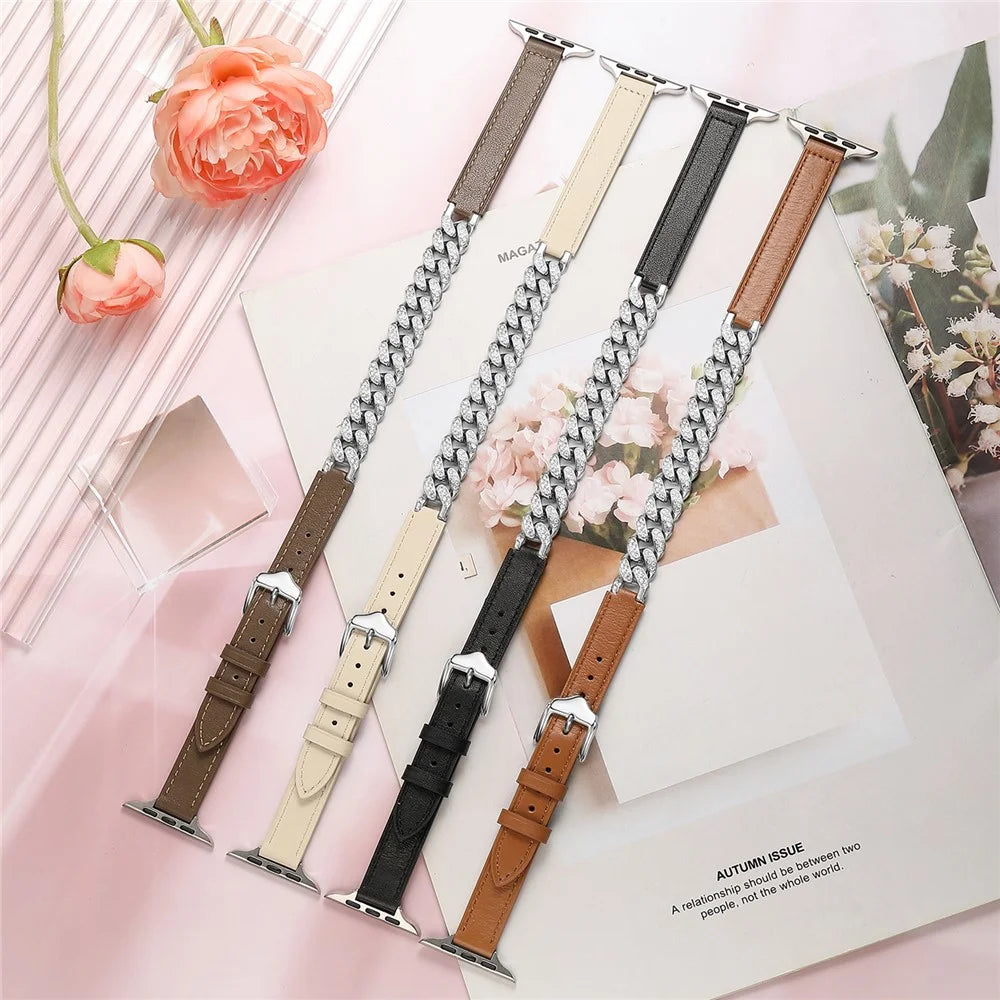 For Apple Watch Ultra 3 2 1 49mm / Series 11 10 46mm / 9 8 7 45mm / SE3 SE2 SE 6 5 4 44mm / 3 2 1 42mm Watch Band Chain Leather Strap - Sandalwood - 5