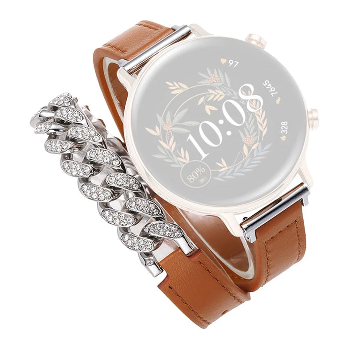 20mm Universal Smart Watch Strap Genuine Cow Leather+Chain Shiny Rhinestone Wrist Replacement Band - Brown - 1