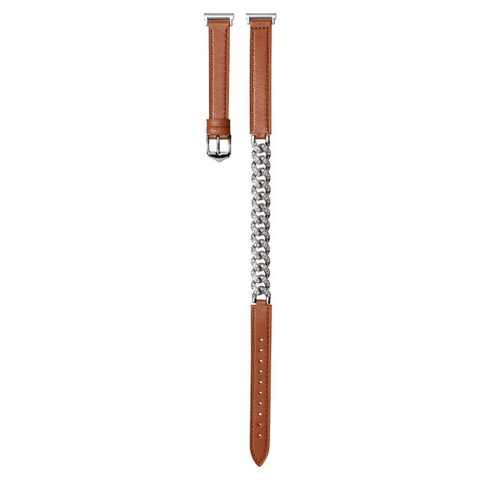 20mm Universal Smart Watch Strap Genuine Cow Leather+Chain Shiny Rhinestone Wrist Replacement Band - Brown - 2