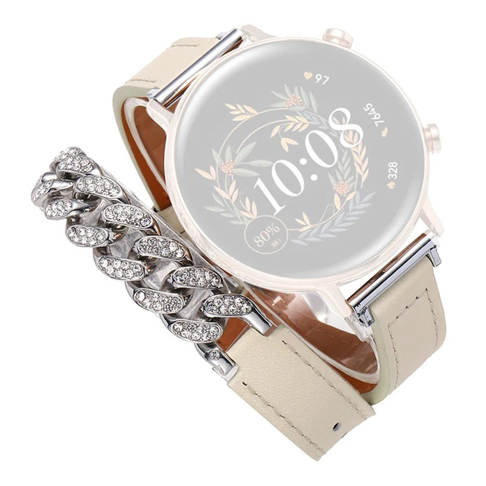 22mm Universal Smart Watch Band Bling Rhinestone Genuine Cow Leather+Chain Strap Replacement - White - 1