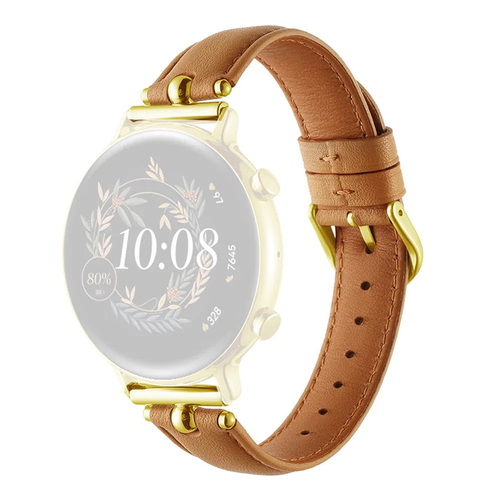 20mm Universal Smart Watch Band Genuine Cow Leather Strap Replacement - Khaki+Gold Buckle - 1
