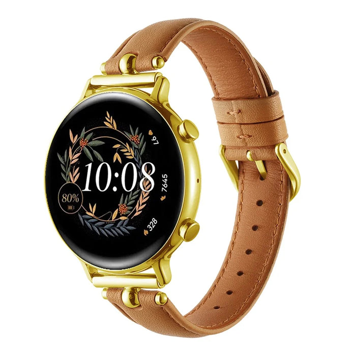 20mm Universal Smart Watch Band Genuine Cow Leather Strap Replacement - Khaki+Gold Buckle - 3