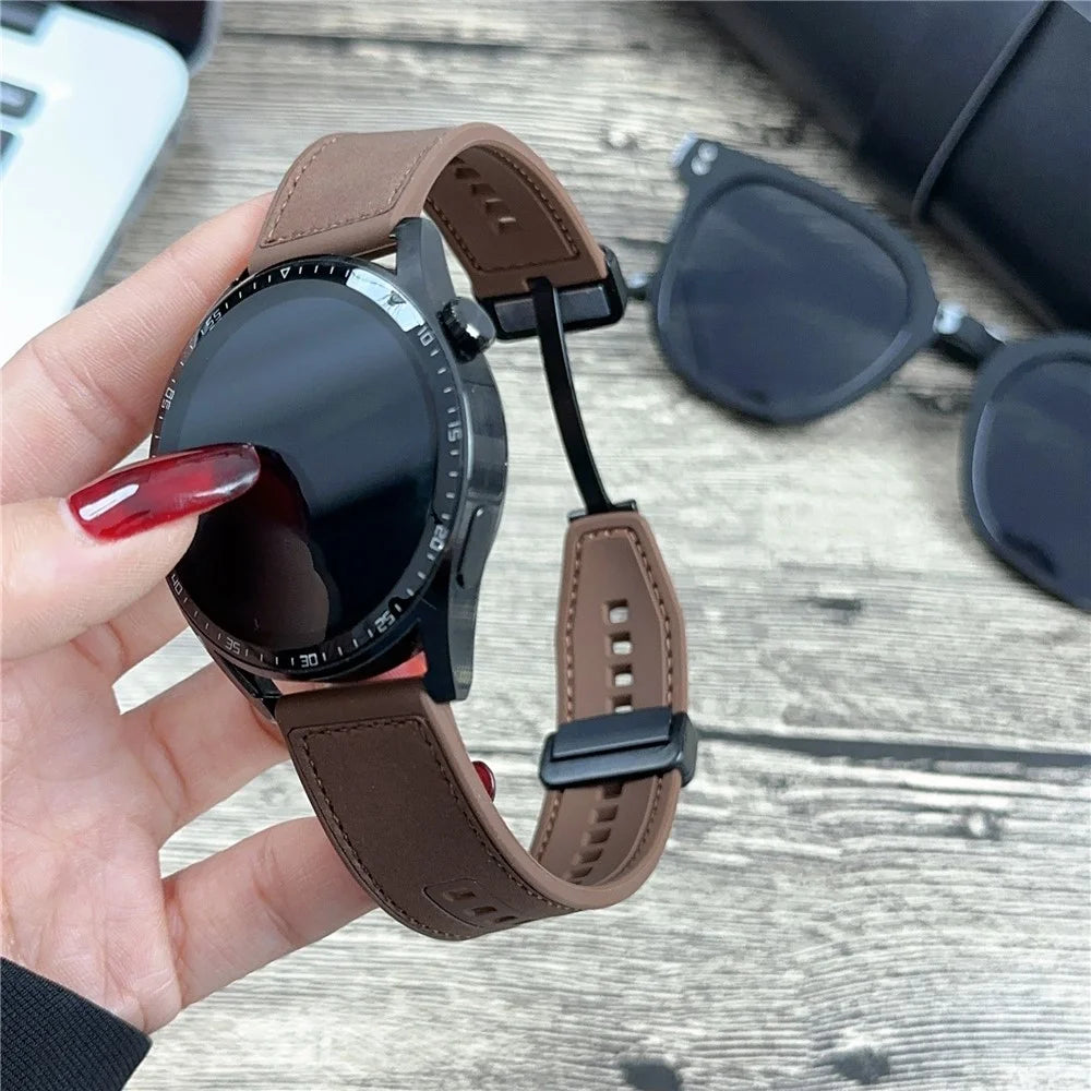 Universal 22mm PU Leather+Silicone Watch Band Replacement with Magnetic Folding Buckle - Coffee - 5